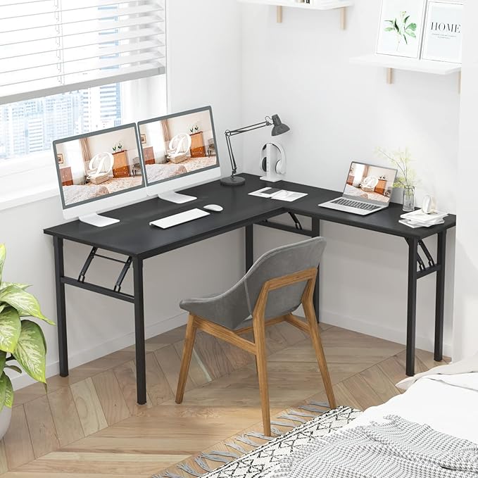 DlandHome Reversible L-Shaped Desk Large Corner Desk Folding Table Computer Desk Home Office Table Computer Workstation,Black-N