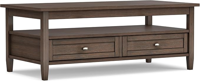 SIMPLIHOME Warm Shaker Coffee Table - 48 inch Wide Solid Wood Cocktail Table in Farmhouse Brown, Transitional Living Room Table with 2 Storage Drawers and Open Shelf for Sitting Area or Lounge