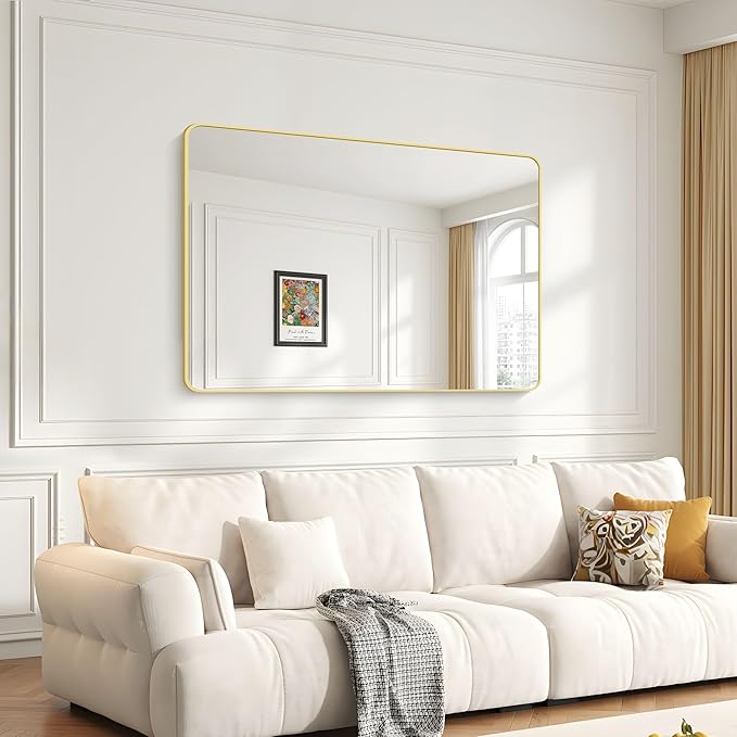 36"x48" Bathroom Mirror, Gold Rectangle Mirror, Large Rectangular Wall Mirror, Rounded Corner Vanity Mirror with Aluminum Metal Frame for Bathroom Bedroom Living Room Horizontal/Vertical
