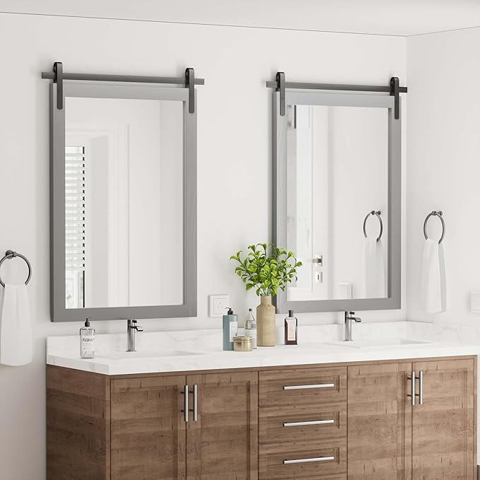 Farmhouse Wall Mirror, Rustic Wood Frame Bathroom Mirror Barn Door Inspired Decorative Vanity Dress Mirrors for Living Room Entryway, 24x36 INCH Gray Vertical