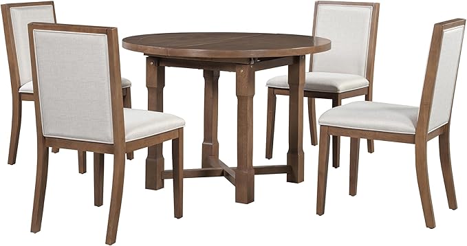 Ball & Cast Farmhouse 5 Pieces Dining Table Set with 4 Upholstered Chairs,Wooden Living Room Furniture for 4 W/ 57.7" Extendable Dining Table,Easy Assemble&Clean,for Dining Room,Bistro,Apartment,Brown