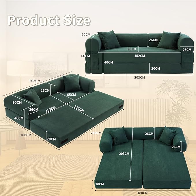 80" Convertible Sofa Bed, Corduroy Deep Seat Folding Pull Out Couch with Pillows, No Assembly Modern Boneless Couch Compression Sofa in Box, Floor Sofa with Storage Pocket for Living Room,Dark Green
