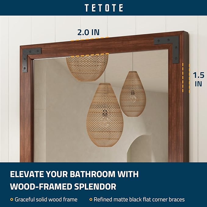 TETOTE 22 x 30 Walnut Wood Mirror for Bathroom Wall/Bedroom/Living Room/Entryway Farmhouse Rustic Bathroom Vanity Mirror for Wall Waterproof (Horizontal/Vertical Mounted)