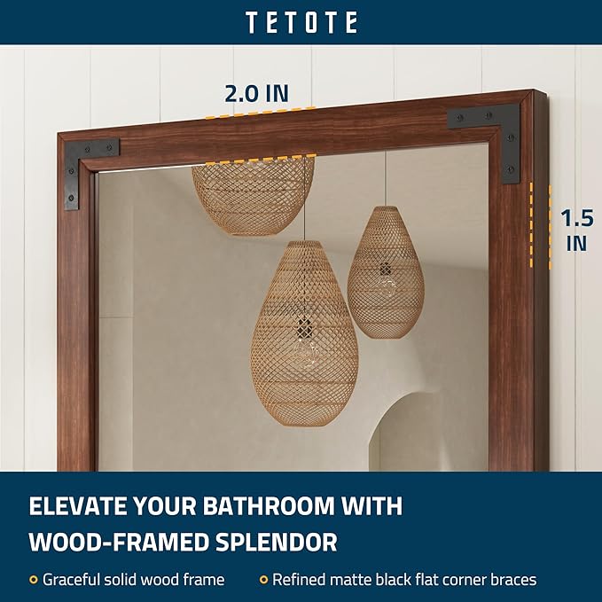 TETOTE 48 x 30 Walnut Wood Mirror for Bathroom Wall/Bedroom/Living Room/Entryway Farmhouse Rustic Wall Mirror Brown Waterproof (Horizontal/Vertical Mounted)