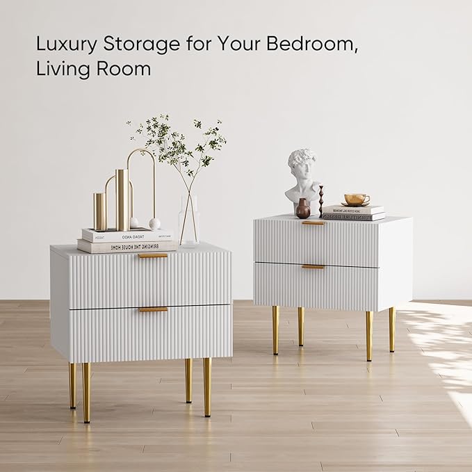 White Nightstand for Bedroom, Fluted Night Stand, End Table for Living Room, Mid Century Modern Bedside Table with Drawers, Bed Side Table with Gold Metal Legs, Bedroom Furniture Stripe