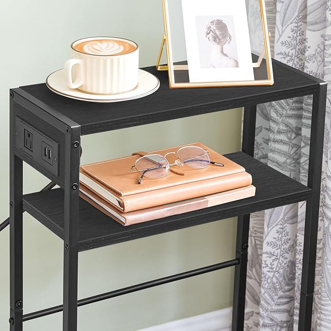 HOOBRO Small Narrow Side Table with Charging Station, Skinny End Table for Small Spaces, Slim Nightstand with USB Ports Outlet, Sofa Beside Table with Storage Shelf, Black BB102UBZ01