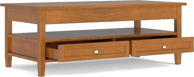 SIMPLIHOME Warm Shaker Lift Top Coffee Table - 48 inch Wide Solid Wood Cocktail Table in Light Golden Brown, Transitional Living Room Table with Hidden Storage, 2 Drawers, and Open Shelf