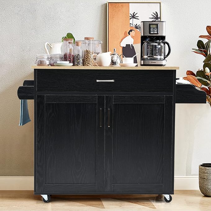 COSTWAY Kitchen Island On Wheels, Rolling Storage Trolley Cart with Large Cabinet, Drawer, Spice Rack and Towel Rack, Kitchen Serving Utility, 3-Position Adjustable Shelf (Black)