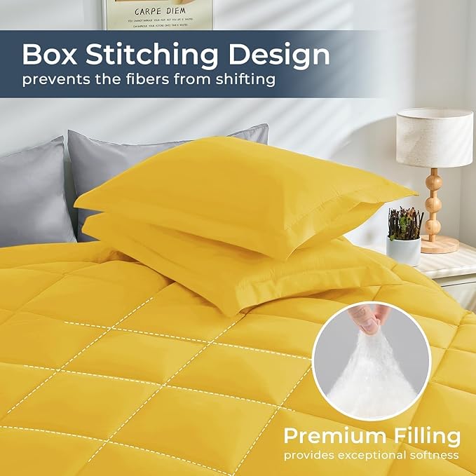 HEVUMYI Cali-King Comforter Set - 7-Piece All Season Bed in a Bag Cali-King, Ultra Soft Bedding Set with Comforter, Flat Sheet, Fitted Sheet, Pillowcases, Pillow Shams, Yellow & Light Grey