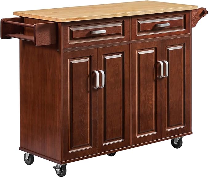 Walnut 54" Rolling Kitchen Island on Wheels, Large Kitchen Cart with Storage Cabinet, Portable Wood Island Table with 2 Drawers and Spice Rack & Towel Rack, Brown