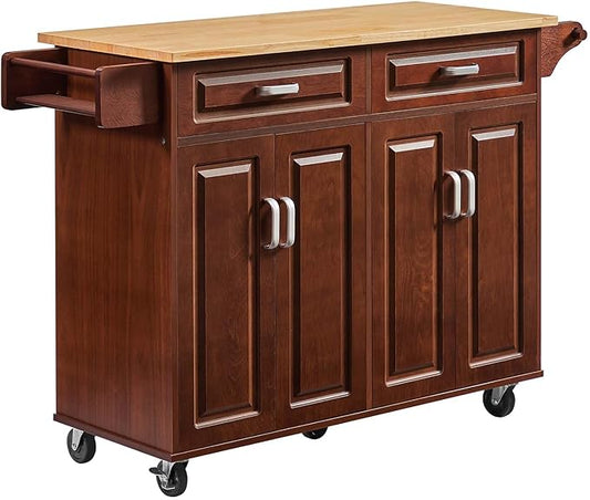 Walnut 54" Rolling Kitchen Island on Wheels, Large Kitchen Cart with Storage Cabinet, Portable Wood Island Table with 2 Drawers and Spice Rack & Towel Rack, Brown
