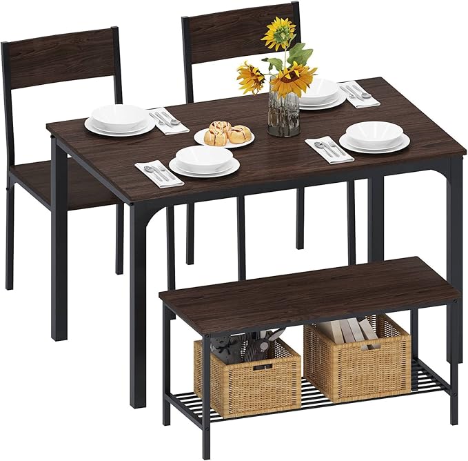 SogesHome 4-Piece Kitchen Table and 2 Chairs for 4 with Bench, Dining Table Set for Small Space, Apartment, Living-Room, Restaurant, Dark Walnut