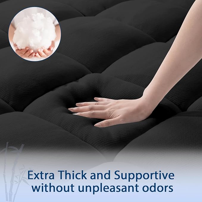 ELEMUSE Twin XL Black Cooling Bamboo Viscose Mattress Topper for College Dorm, Extra Long Twin Mattress Pad Cover for Back Pain, Soft Pillowtop with Deep Pocket, Overfilled Down Alternative Filling