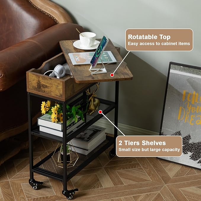 Hadulcet End Table with Charging Station, Couch End Tables Rotating Top Skinny Nightstand with Outlet for Living Room Bedroom Rustic Brown