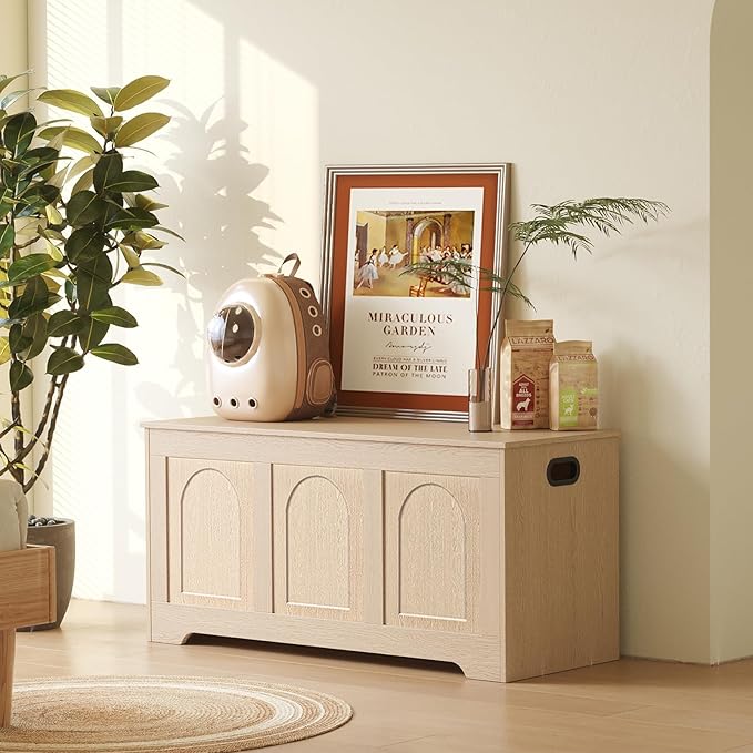 DINZI LVJ Storage Chest, 39.4”Wooden Storage Box with 2 Safety Hinges, Entryway Shoe Bench with Flip-Top, Trunk for Living Room, Bedroom, Easy Assembly, Natural