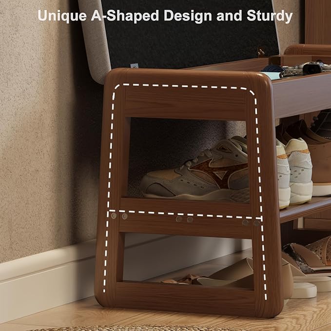Shoe Rack Bench with Cushion, 2 Tiers Shoe Bench with Flip-Top Storage,Wood Shoe Rack for Entryway,Hallway（Walnut,39.3"）