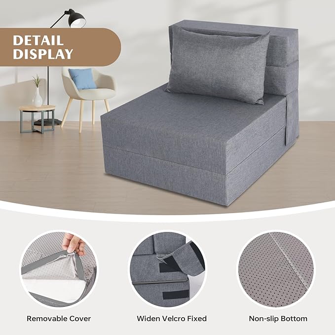 Folding Sofa Bed, Convertible Futon Sofa Bed with Pillow, Foldable Sleeper Chair with Washable Cover, Fold Out Couch for Guest Room, Living Room, Dorm, Single Size, Light Grey