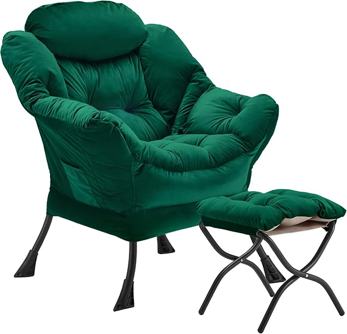 Lazy Chair with Folding Ottoman, Accent Chair Velvet Upholstered with Metal Structure and Non-Slip Pads, Sofa Armchair with Footrest and Side Storage Bag for Dorm, Room, Office, Green