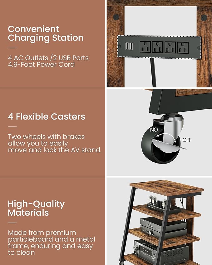 4-Tier AV Media Stand with Wheels, Stereo Stands, Media Console Shelf with Power Strips, LED Lights, Wooden Audio Cabinet Rack Tower, Rustic Brown and Black TCJ60UDBF