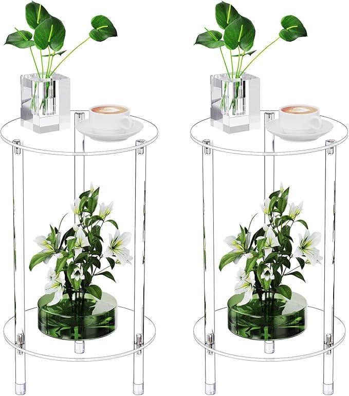 Clear Round Acrylic Side Table Set of 2 for Small Spaces, 11.81" L x 11.81" W x 19.82" H, 2 Tier Small Modern Drink End Table Nightstand, Mini Bedside Table for Living Room, Bedroom, Bathroom