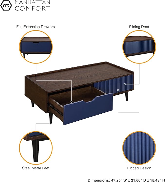 Manhattan Comfort Duane Mid Century Modern Coffee Table with Drawer & Cubby Shelf, Living Room Furniture with Ribbed Flat Design, Wood Grain Laminate Finish & Durable Iron Metal Feet, Navy Blue