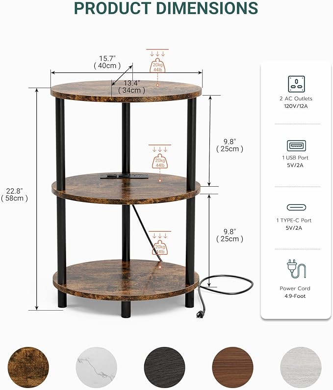 Small Round Side Table - 3-Tier Oval Accent Table for Small Spaces, Rustic Wood and Metal Nightstand for Living Room or Bedroom, with Built-in USB Ports and Power Outlet, Rustic Brown