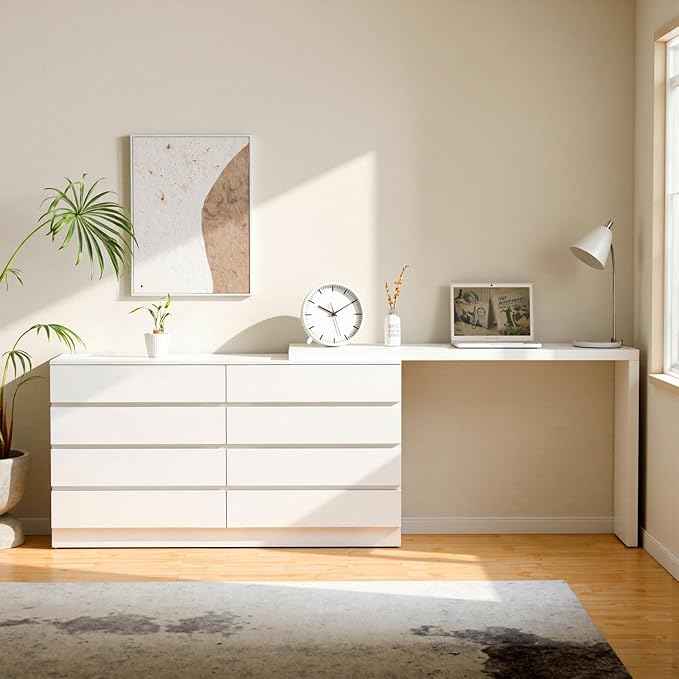 8 Drawer Vanity Dresser Combo with Extendable Table & L-Shaped Desk, White MDF Large Dresser for Bedroom, Adjustable Makeup Dressing Table with Wide Storage, Desk and Vanity Combo for Small Spaces