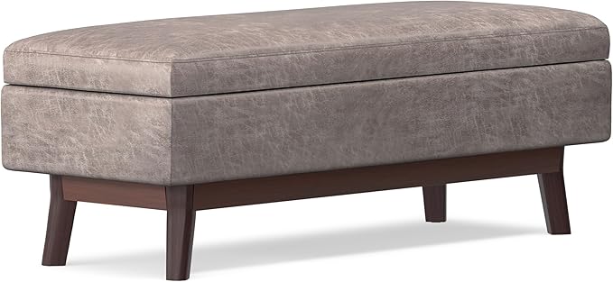 SIMPLIHOME Owen 48 inch Wide Mid Century Modern Rectangle Rectangular Storage Ottoman in Distressed Grey Taupe Vegan Faux Leather, Assembled, for the Living Room, Entryway and Family Room