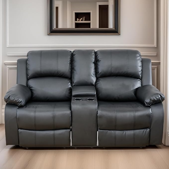 Loveseat Recliner Sofa, Reclining Loveseat Leather Couch with Storage Console, Modern Comfy Home Theater Seating Power Recliner Chair with Cup Holders for Living Room Furniture Sets, Black