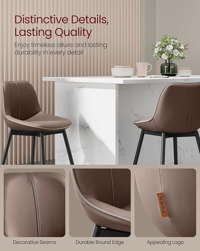 VASAGLE Bar Stools Set of 2, Counter Height Bar Stools with Back, Ergonomic Backrest, Synthetic Leather, Metal Legs, 24.4-Inch Tall Barstools for Kitchen Island Home Bar, Easy Assembly, Chestnut Brown