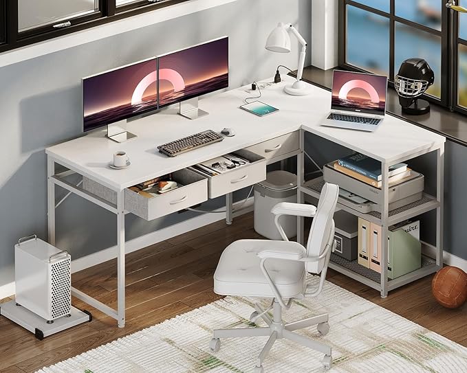 AODK 53 Inch L Shaped Computer Desk with Drawers, Corner Desk with Power Outlets & Reversible Storage Shelves, Movable CPU Stand for Home Office Gaming, White