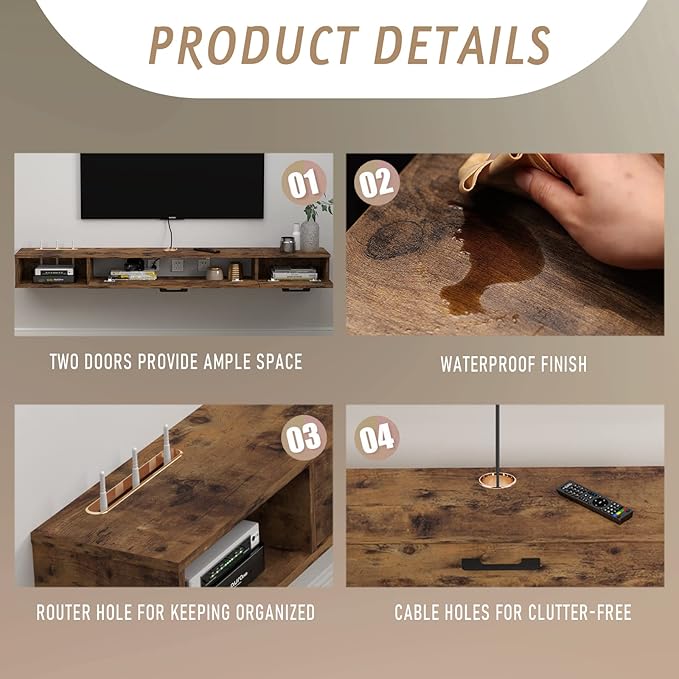 Pmnianhua Farmhouse Floating TV Stand with 2 Doors,47'' Under TV Shelf Floating,Wall Mounted TV Shelf,Rustic Floating TV Console for Under TV(Rustic Brown)