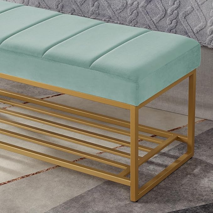 24KF Seaglass Velvet Upholstered End of Bed Bench with Metal Shelf, Modern Tufted Channel Entryway Bench Footboard Bench for Living Room, Bedroom, Gold Bench,5036-Seagalss
