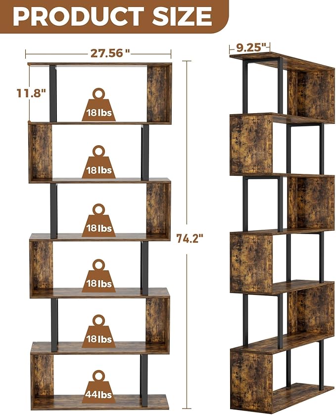 Gadroad 6 Tier Geometric Bookcase,S Shaped Bookshelf, Wood Decorative Storage Shelving, Modern Freestanding Display Shelves, Tall Book Shelf Unit for Living Room Bedroom, Rustic Brown