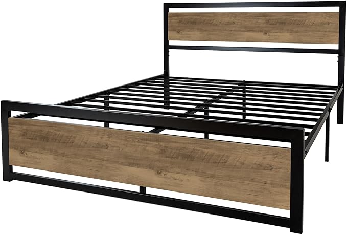 SHA CERLIN Queen Size Bed Frame with Modern Headboard, Heavy Duty Platform Metal Base with Square Footboard and 13 Strong Slats Support, No Box Spring Needed, Brown