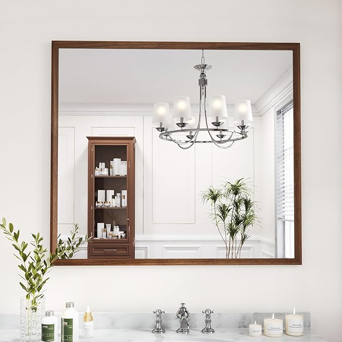 WEER Bathroom Mirror, 40x36 Inch Wall Mirror, Walnut Wood Grain Framed Mirror, Rectangle Vanity Mirror, Tempered Glass, Anti-Rust, Hangs Horizontally or Vertically