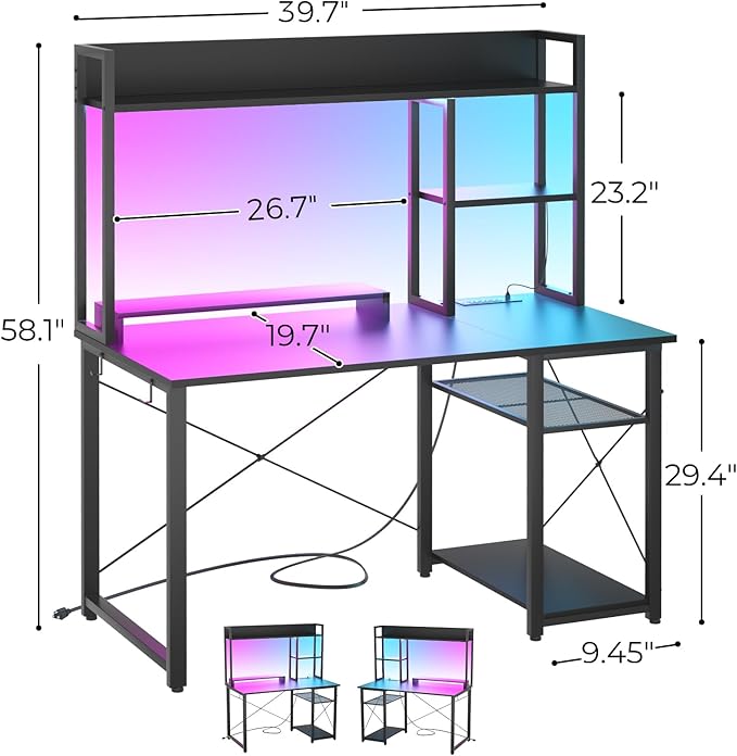 Cyclysio Gaming Desk with Hutch, 39'' Computer Desk with LED Lights & Power Outlets, Home Office Desk with Reversible 5 Tiers Storage Shelves & Monitor Stand, Small Gaming Table for Small Space, Black