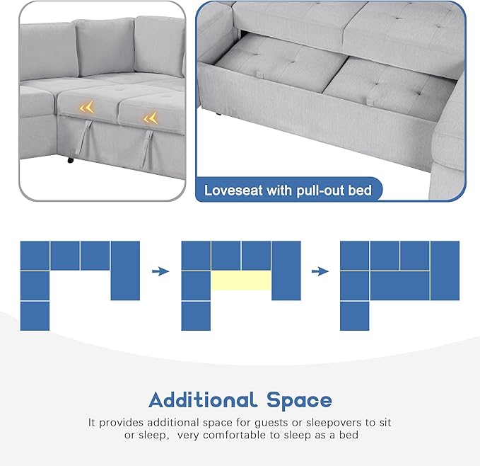 108.3 Inch Modular Sectional Sleeper Sofa with Pull-Out Bed and Lounge Chair, U-Shaped Combination Corner Couch w/USB & Type-C Interfaces, for Living Room Bedroom Office, Gray