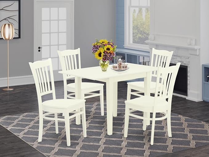 East West Furniture NDGR5-LWH-W 5 Piece Dining Room Furniture Set Includes a Rectangle Kitchen Table with Dropleaf and 4 Dining Chairs, 30x48 Inch, Linen White