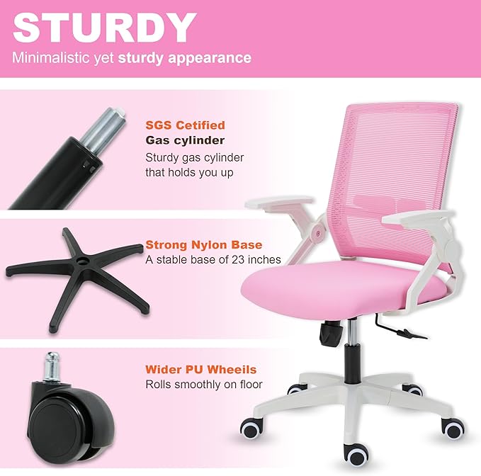 Ergonomic Office Chair Desk Chair with Adjustable Height Mesh Computer Chair Swivel Chair with Flip-up Arms and Lumbar Support Pink
