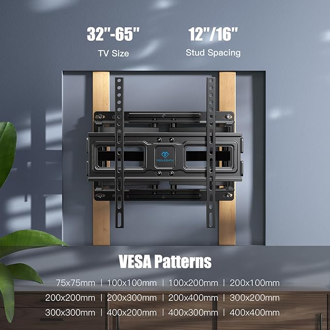 PERLESMITH TV Wall Mount Full Motion for 32-65 Inch Flat Curved Screen TVs, TV Mount with Swivels Tilts Extension Dual Articulating Bracket Arms Supports up to 99 lbs Max VESA 400x400, PSMFK9
