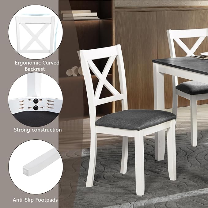 soges 6-Piece Kitchen Dining Table Set with Bench, Wood Dining Table Set for 6, Modern 6-Person Table Set for Dining Room, Kitchen, Grey & White