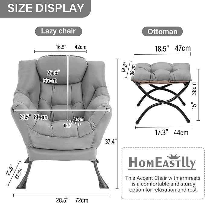 Lazy Chair with Ottoman, Large Modern Lounge Accent Chair with Armrests and Footrest, Reading Armchair with Ottoman, Leisure Sofa Chair for Living Room, Bedroom, Dorm Room (Light Grey)
