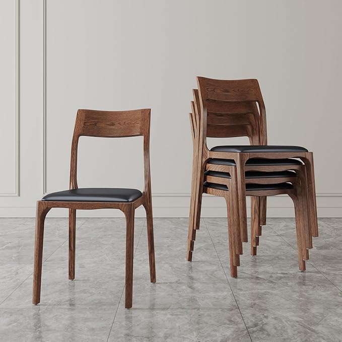 Manhattan Comfort Moderno Stackable Dining Chairs with Leatherette Upholstered Seat, Foam Padding & Solid Wood Frame, Suitable for Kitchen or Restaurant Usage, Set of 4, Black