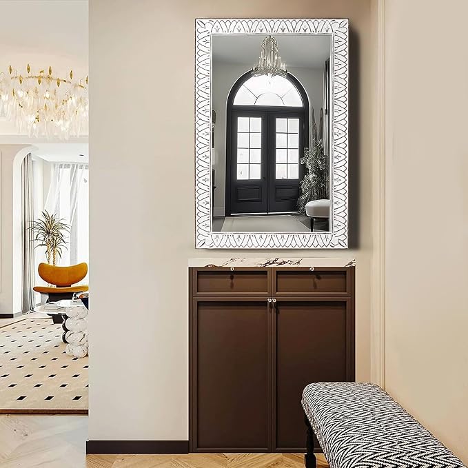 36x24 Inch Farmhouse Rectangle Wall Mirrors with Wooden Frame, Rustic Decorative Rectangular Mirror for Living Room, Bedroom, Bathroom, Entryway - Vertical/Horizontal Hanging