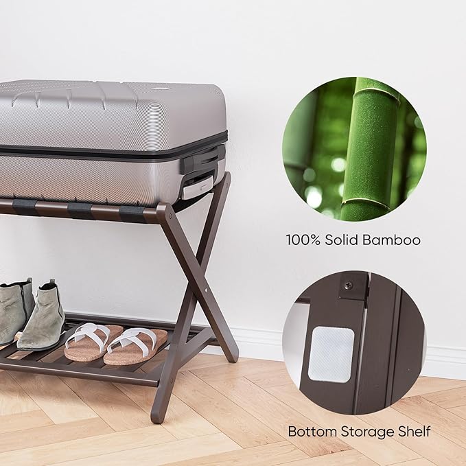 Pack of 2 Fully Assembled Bamboo Luggage Racks, Folding Suitcase Stand with Shoe Shelf, 5 Nylon Straps, Heavy Duty, Luggage Stands Ideal for Guest Room, Bedroom, Hotel, Espresso