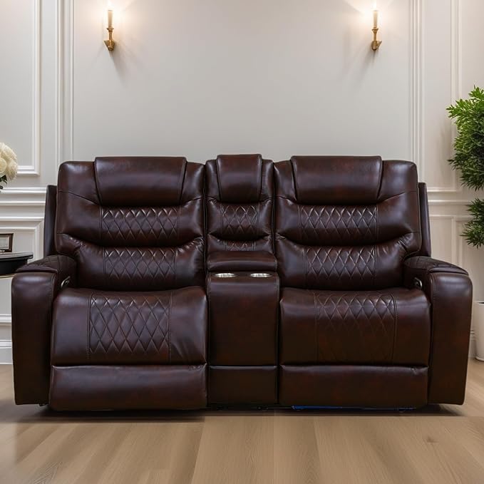Loveseat Recliner Sofa, Reclining Loveseat Leather Couch with Storage Console, Modern Comfy Home Theater Seating Power Recliner Chair with Cup Holders for Living Room Furniture Sets, Brown