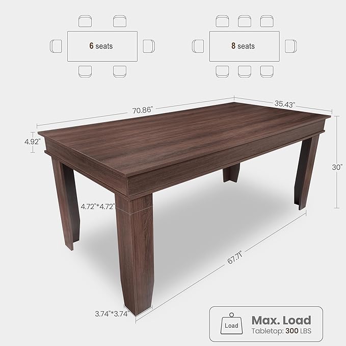 GarveeHome Farmhouse Dining Table for 6-8 People, 71" Long Brown Kitchen Tables with Wooden Sturdy Frame, 6 Ft Large Rectangular Dinner Table for Living Room, Kitchen, Dining Room