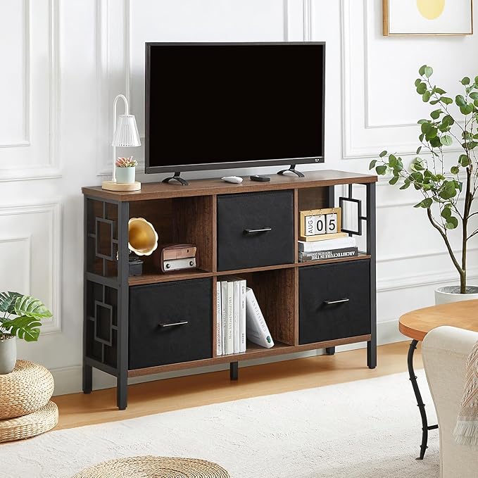 HOMISSUE 6 Cube Storage Organizer Shelf, Rustic Short Bookshelf with 3 Storage Bins, Industrial Horizontal Bookshelf with Metal Frame, Low and Wide Cube Bookcase for Living Room and Office, Brown