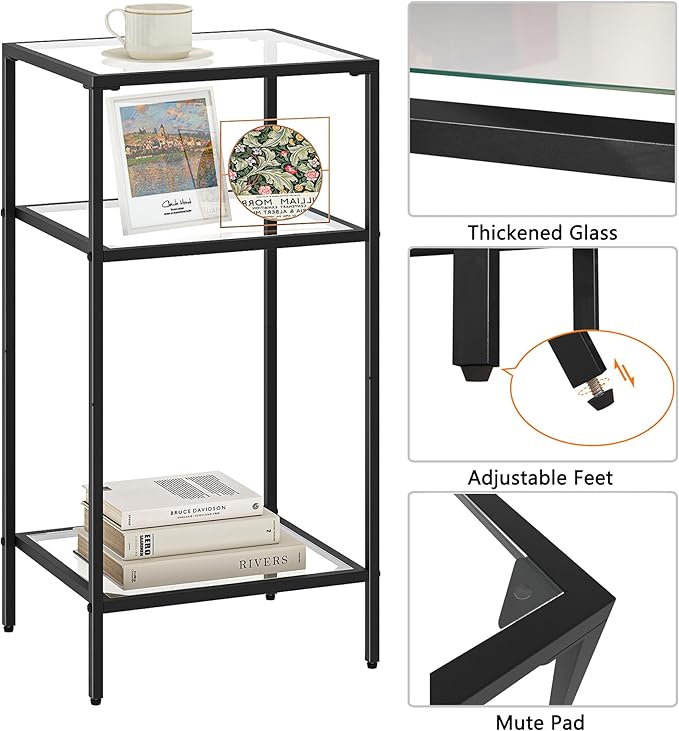 Homhedy 3-Tier Side Tables Set of 2, End Tables with Tempered Glass, Nightstands with Storage Shelves, Slim Sofa Tables for Living Room, Bedroom (2, Black)